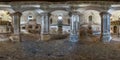 Full seamless spherical hdri panorama 360 degrees angle view inside of interior of ruined abandoned choral Jewish synagogue in