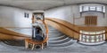 Full seamless spherical hdri panorama 360 degrees angle view in interior of empty corridor in entrance with old spiral staircase