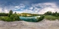 Full seamless spherical hdri panorama 360 degrees angle view on limestone coast of huge green lake or river near forest in summer