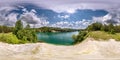Full seamless spherical hdri panorama 360 degrees angle view on limestone coast of huge green lake or river near forest in summer Royalty Free Stock Photo