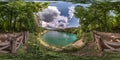 Full seamless spherical hdri panorama 360 degrees angle view on limestone coast of huge green lake or river near forest in summer Royalty Free Stock Photo