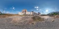 Full seamless spherical hdri panorama 360 degrees angle view near abandoned ruined factory hangar without roof in equirectangular Royalty Free Stock Photo