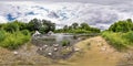 Full seamless spherical hdri panorama 360 degrees angle view near mixing zone of sewage discharge of city dumps in equirectangular