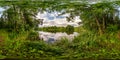 Full seamless spherical hdri panorama 360 degrees angle view on pedestrian walking path among the bushes of forest near river or