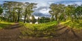 Full seamless spherical hdri panorama 360 degrees angle view on pedestrian walking path among oak grove near lake in Royalty Free Stock Photo