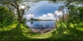 Full seamless spherical hdri panorama 360 degrees angle view on precipice of wide river in deciduous forest in sunny summer day in