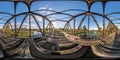 full seamless spherical hdri panorama 360 degrees angle view on steel frame construction of huge old abandon bridge across river