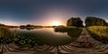 Full seamless spherical hdri panorama 360 degrees angle view on wooden pier of huge lake or river in morning with pink sunrise
