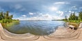 Full seamless spherical hdri panorama 360 degrees angle view on wooden pier of huge lake or river in sunny summer day and windy