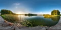 Full seamless spherical hdri panorama 360 degrees angle view on wooden pier near lake in evening in equirectangular projection Royalty Free Stock Photo