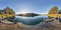 Full seamless spherical hdri panorama 360 degrees angle view on wooden pier near lake in forest in evening in equirectangular Royalty Free Stock Photo