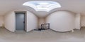 full seamless spherical hdri 360 panorama in interior of small empty white room with door and window in ceiling in equirectangular