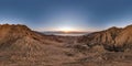 Full seamless spherical hdri 360 panorama view of dawn on coast of sea high in sandy mountains with morning sun in equirectangular