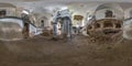 Full seamless spherical hdri 360 panorama view inside of interior of ruined abandoned choral Jewish synagogue in equirectangular