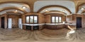 full seamless spherical hdri 360 panorama view in interior of kitchen in eco village vacation home with wooden rafter ceiling in