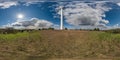 full seamless spherical 360 hdri panorama view near huge windmill propeller in equirectangular projection, VR AR virtual reality Royalty Free Stock Photo