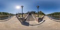 full seamless spherical hdri 360 panorama view on pier of wide river near stairs in sunny summer day and windy weather in