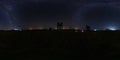 Full seamless spherical night panorama 360 degrees angle view on high visibility mountain next to old wooden fire tower and milk Royalty Free Stock Photo