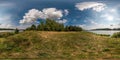 Full seamless spherical panorama 360 by 180 angle view on the shore of width river neman in sunny summer day in equirectangular