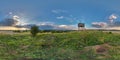 Full seamless spherical panorama 360 by 180 degrees angle view on a high visibility mountain next to the old wooden fire tower in