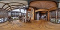 Full seamless spherical panorama 360 degrees angle view in interior empty hall veranda in wooden village vacation home in