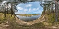 Full seamless spherical panorama 360 degrees angle view on the precipice of a wide river in pinery forest in sunny summer day in Royalty Free Stock Photo