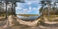 Full seamless spherical panorama 360 degrees angle view on the precipice of a wide river in pinery forest in sunny summer day in Royalty Free Stock Photo