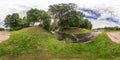 Full seamless spherical panorama 360 by 180 degrees angle view on the shore of width river near the bridge in summer day in Royalty Free Stock Photo