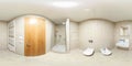 Full seamless spherical panorama 360 degrees view in modern white empty restroom bathroom with shower cabin in equirectangular