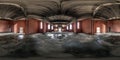 Full seamless spherical 360 panorama in empty interior hall of abandoned unfinished concrete room of church or castle with red Royalty Free Stock Photo