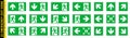 Full set of 22 isolated Emergency exit symbols on green rectangle board. Official ISO 7010 safety signs standard Royalty Free Stock Photo