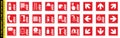 Full set of 27 isolated Fire equipment and Fire action signs on red board. Official ISO 7010 safety signs standard