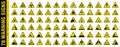 Full set of 78 isolated hazardous symbols on yellow round triangle board warning sign. Official ISO 7010 safety signs standard