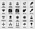 Full set of ceramic tiles packaging symbols with description. Package black floor icons isolated on white wall. ISO pictograms Royalty Free Stock Photo