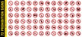 Full set of 72 isolated prohibition symbols on red crossed out circle board warning sign. Official ISO 7010 safety signs standard Royalty Free Stock Photo