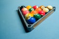 Full set of pool balls in metal triangle rack on the pool table Royalty Free Stock Photo