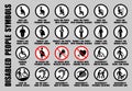 Full set of vector ISO icons with disabled, invalid, handicapped persons. Black round symbols of people figures isolated on white
