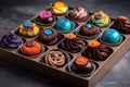 full set of vibrant and colorful chocolates cupcakes, each with its own unique design
