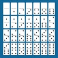 Full set of white dominoes with shadows on a blue background. Complete double-six set