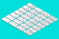 Full set of white isometric dominoes. Complete double-six set