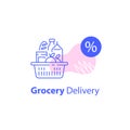 Full shopping basket, grocery store, supermarket special offer, food delivery