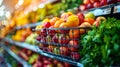 Full shopping basket with variety of vegetables and fruits in grocery store. Routine grocery shopping. Royalty Free Stock Photo
