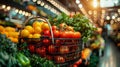 Full shopping basket with variety of vegetables and fruits in grocery store. Routine grocery shopping Royalty Free Stock Photo