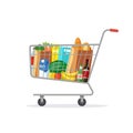 Full shopping cart isolated on white background. Fresh grocery products.