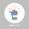 Make order, full shopping cart, loyalty program, flat icon