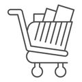 Full shopping cart thin line icon. Market trolley with product packages. Commerce vector design concept, outline style