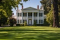 full shot of greek revival mansion with manicured lawn