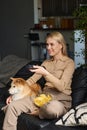 Girl Spending Her Weekend at Home with Her Shiba Inu Royalty Free Stock Photo