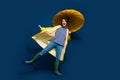 Full size body photo of funky girlfriend wear outdoors brand clothes protect her body umbrella dancing isolated on blue Royalty Free Stock Photo