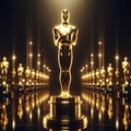 full size gold oscar statue isolated on solid black background. ai generative